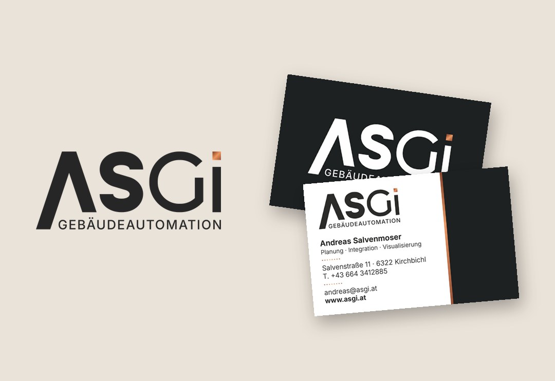 Logo und Visitenkarten von ASGi Gebäudeautomation