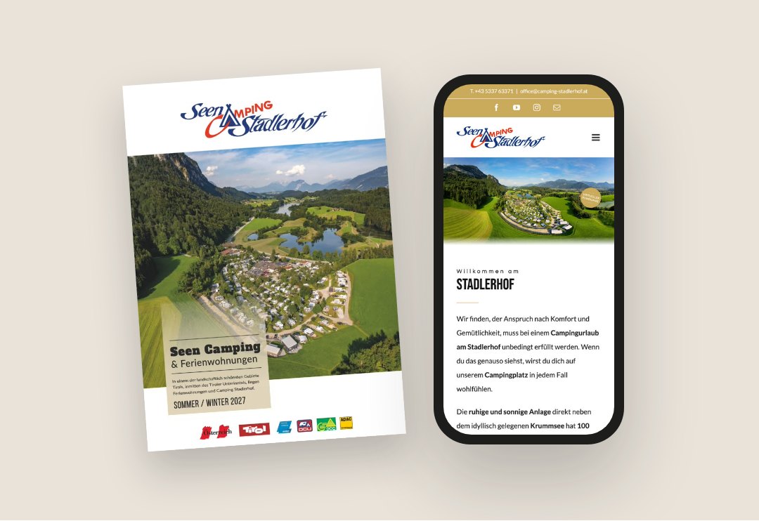Broschüre 2027 und Website von Camping Stadlerhof am Handy