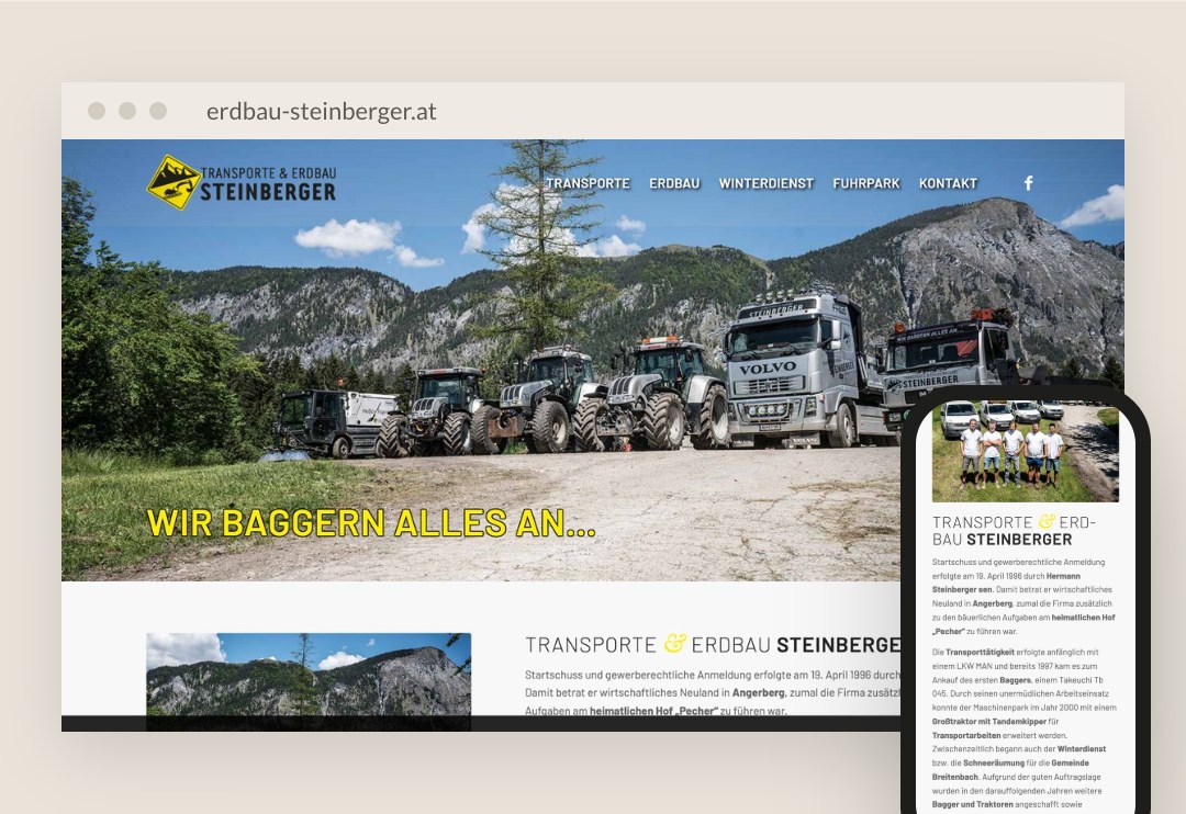 Website von Erdbau Steinberger am Laptop und am Handy