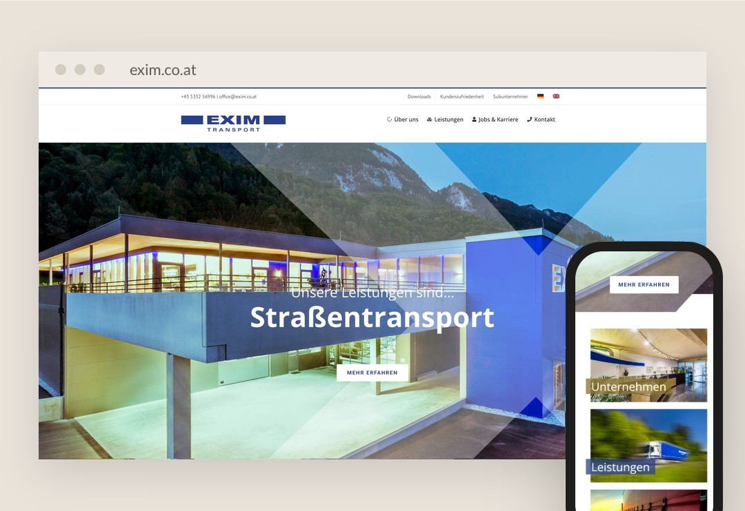 Website von EXIM Transport am Laptop und am Handy