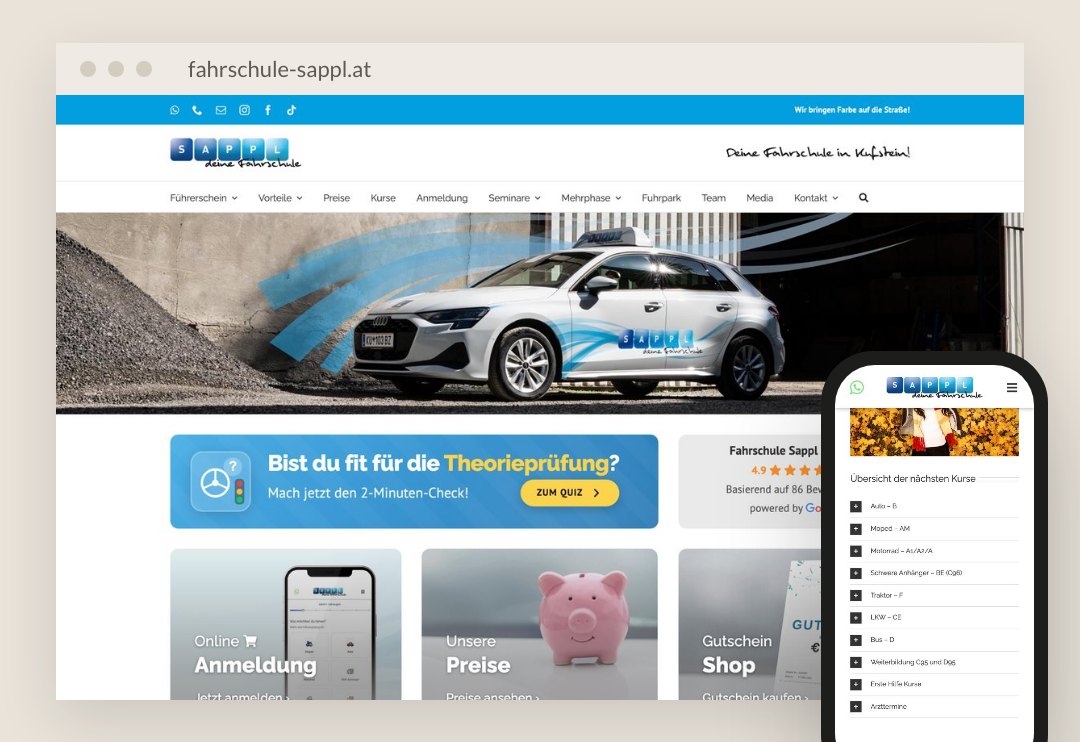 Website der Fahrschulen Sappl am Laptop und am Handy