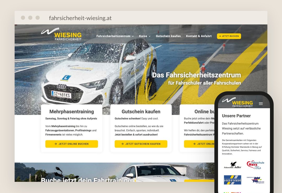 Website des Fahrsicherheitszentrums Wiesing am Laptop und am Handy