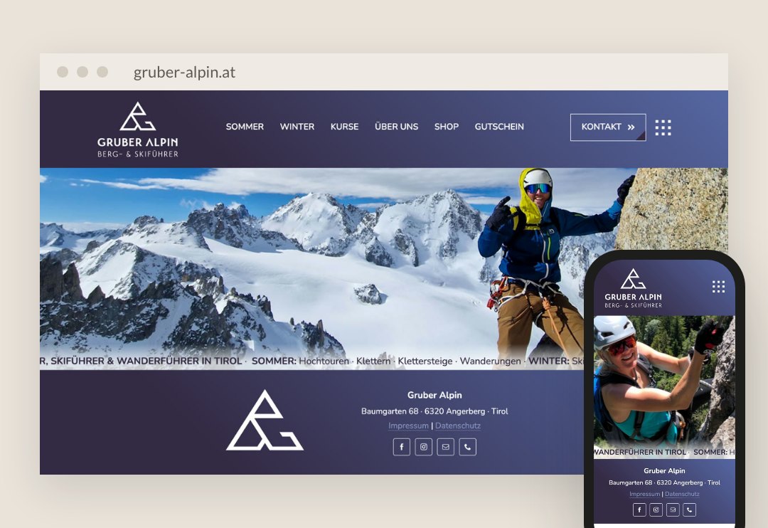 Website von Gruber Alpin am Laptop und am Handy