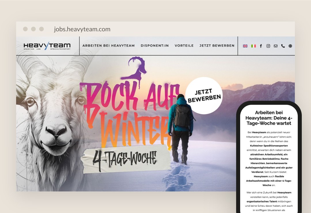 Karriereseite von Heavyteam mit der Kampagne „Bock auf Winter“ am Laptop und am Handy