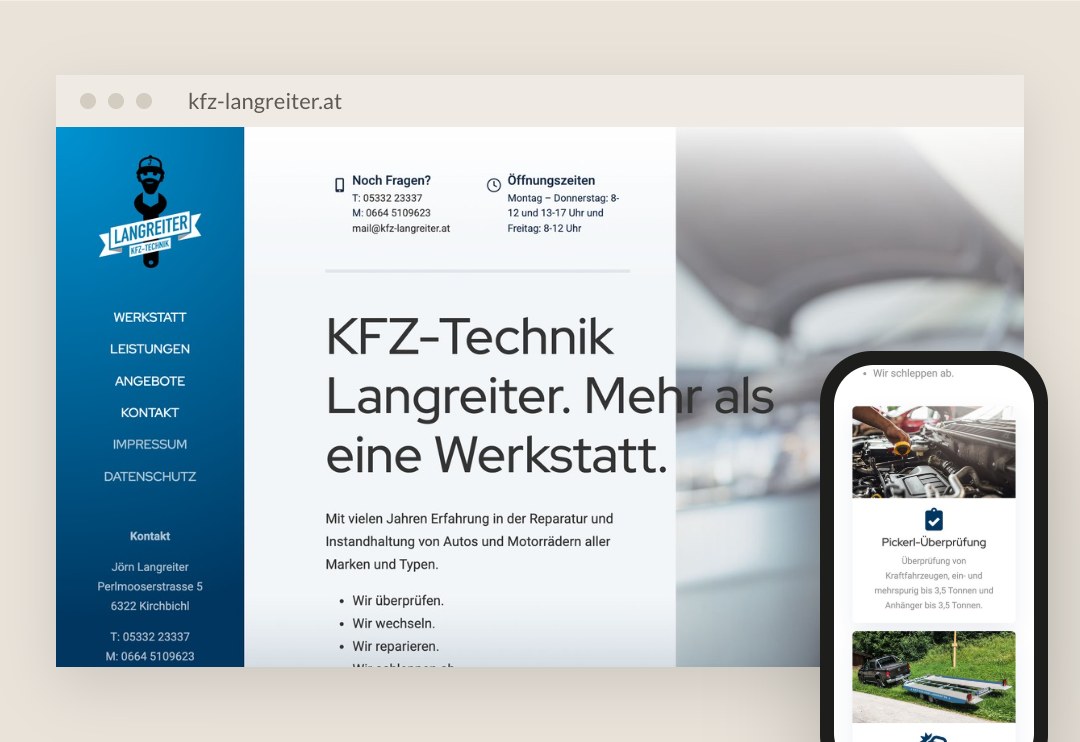Website von KFZ-Technik Langreiter am Laptop und am Handy