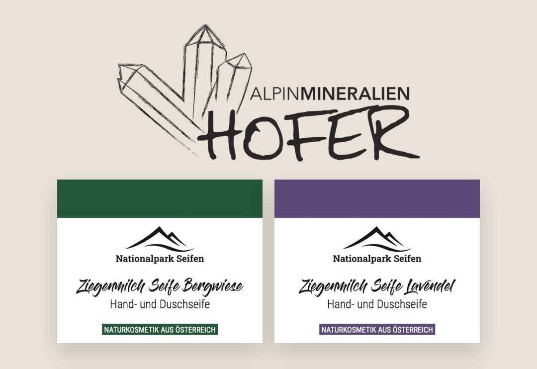 Logo Alpinmineralien Hofer und Seifen-Etiketten Bergwiese und Lavendel