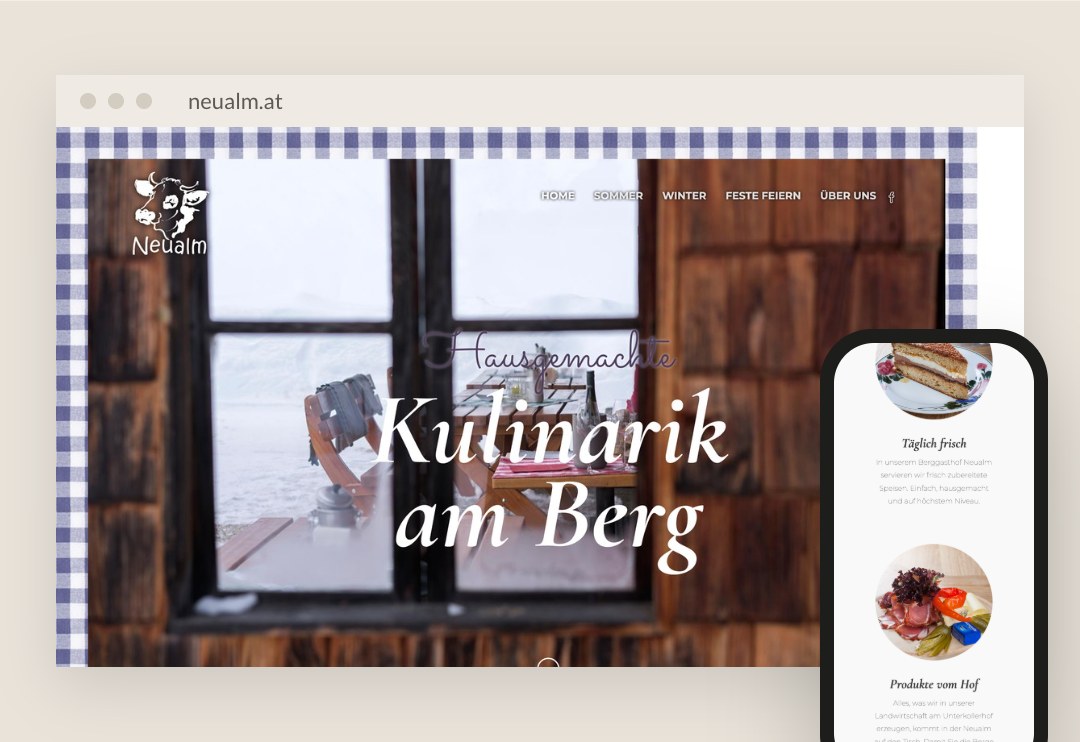 Website der Neualm am Laptop und am Handy