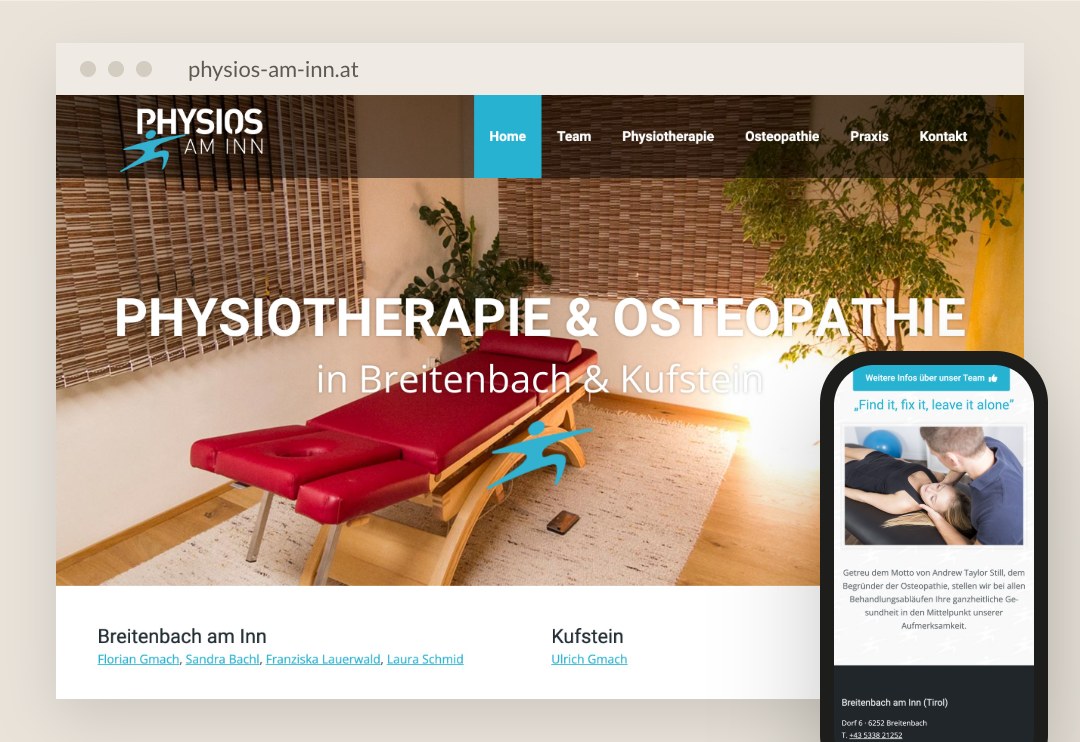 Website von Physios am Inn am Laptop und am Handy