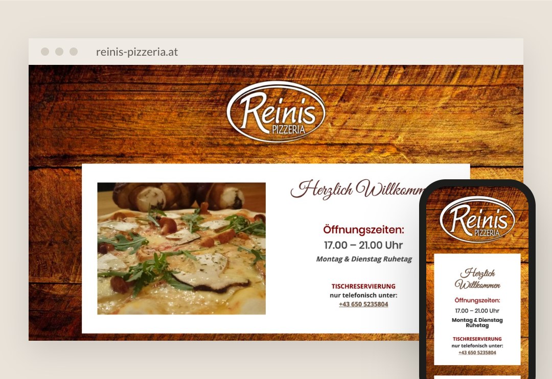 Landingpage von Reinis Pizzeria am Laptop und am Handy