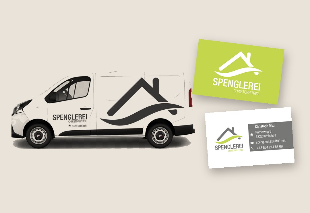 Beschrifteter Lieferwagen und Visitenkarten der Spenglerei Trixl