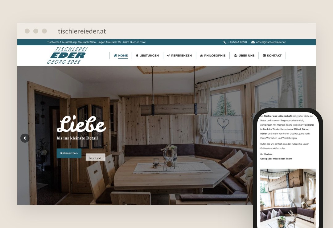 Website der Tischlerei Eder am Laptop und am Handy