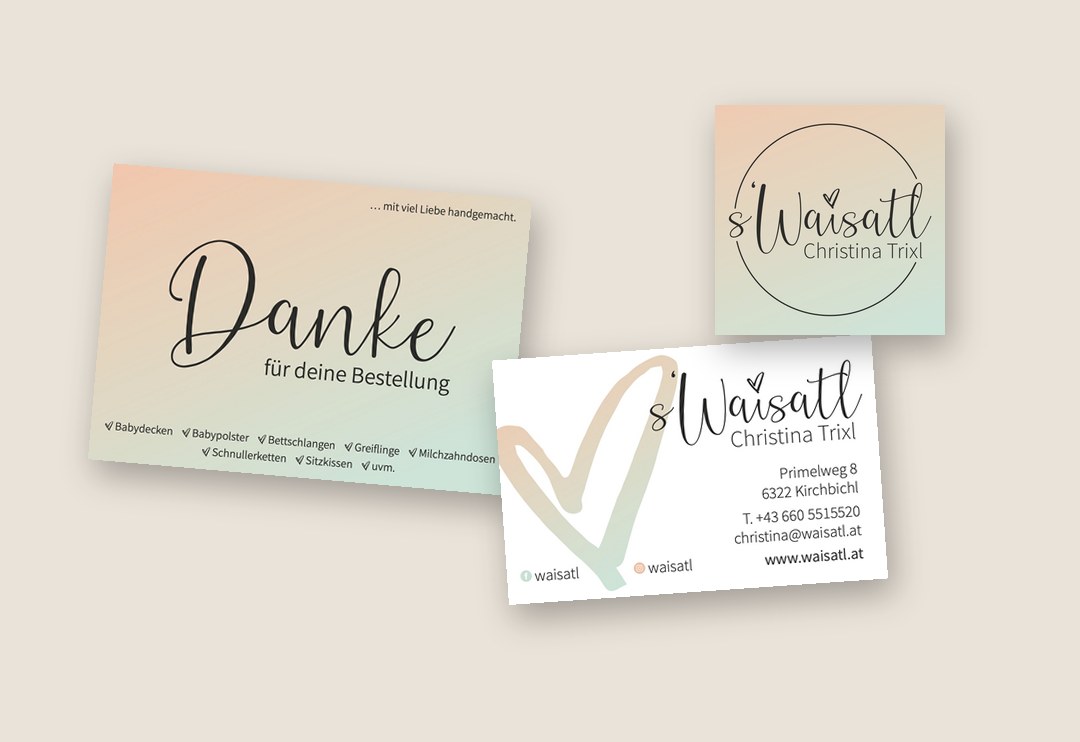 Dankeskarte, Etikett und Visitenkarte von s'Waisatl